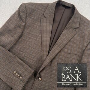 Jos A Bank Wool Sport Coat Windowpane Plaid Blazer Men 46R Brown Tailored Ivy